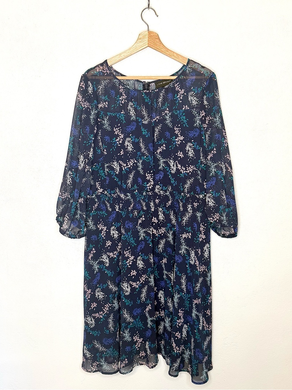 Lane Bryant Navy Blue Floral Chiffon Midi Dress Women's Plus Size 20P Smocked - Picture 6 of 16